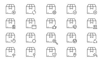 Cardboard Box For Shipping Line Icon Set. Carton Container, Cargo Symbol Collection. Distribution And Shipment Linear Pictogram. Delivery Service Sign. Editable Stroke. Isolated Vector Illustration.