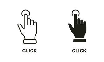 Click Gesture, Hand Cursor of Computer Mouse Line and Silhouette Icon Set. Pointer Finger Press or Point Pictogram. Swipe, Touch, Tap Sign Collection on White Background. Isolated Vector Illustration.