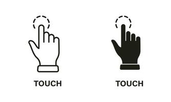 Touch Gesture, Hand Cursor for Computer Mouse Line and Silhouette Icon Set. Swipe, Click, Tap, Press, Point Sign Collection on White Background. Pointer Finger Pictogram. Isolated Vector Illustration.