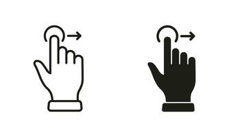 Drag Right, Hand Finger Gesture Swipe Line and Silhouette Icon Set. Pinch Screen, Rotate on Screen Pictogram. Gesture Slide Right Symbol Collection on White Background. Isolated Vector Illustration.