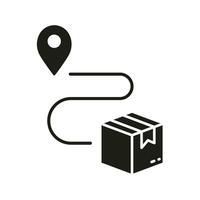 Pin on Map with Box, Shipment Distance Silhouette Icon. Parcel Location Glyph Pictogram. Delivery Service Route Solid Sign. Order Path Symbol. Isolated Vector Illustration.