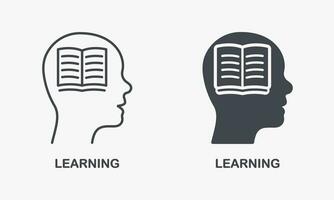 aprendiendo, cognición, sabiduría, idea, conocimiento, educación silueta y línea icono colocar. libro en humano cabeza pictograma. inteligente cerebro símbolo recopilación. aislado vector ilustración.