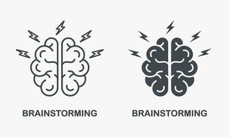 Think about Creative Idea Symbol Collection. Brainstorm Silhouette and Line Icon Set. Human Brain with Lightning, Brainstorming Concept Pictogram. Intellectual Process. Isolated Vector Illustration.