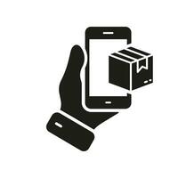 Online Delivery Service Silhouette Icon. E-commerce in Smartphone Glyph Pictogram. Purchase Shipping Solid Sign. Mobile Phone with Parcel Box in Human Hand Symbol. Isolated Vector Illustration.