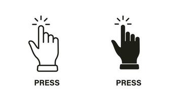 Press Gesture, Hand Cursor for Computer Mouse Line and Silhouette Black Icon Set. Click, Tap, Touch, Point Sign Collection. Pointer Finger Pictogram on White Background. Isolated Vector Illustration.