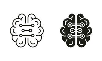 Human Brain and Digital Technology Black Symbol Collection. Neurology and Artificial Intelligence Silhouette and Line Icons Set. Tech Science Pictogram. Isolated Vector Illustration.