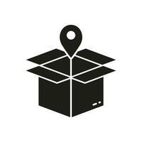 Delivery Service Silhouette Icon. Order Location Glyph Pictogram. Shipping Symbol. Package Pick Up, Pointer with Box Solid Sign. Receive Parcel Place. Isolated Vector Illustration.