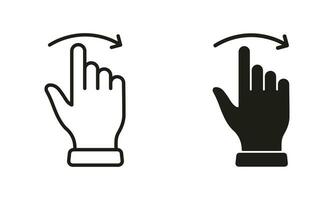 Swipe and Drag Right Line and Silhouette Black Icon Set. Pinch Screen, Rotate on Screen by Hands Finger Pictogram. Gesture Slide Right Symbol Collection. Isolated Vector Illustration.