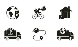 Rápido transporte silueta icono colocar. en todo el mundo Envío glifo pictograma. bicicleta entrega a hogar sólido signo. caja, paquete o empaquetar símbolo recopilación. aislado vector ilustración.