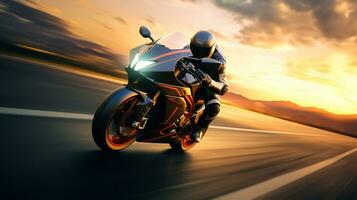 Motorcycle rider riding on the highway road. Extreme sport concept. bike race on track photo