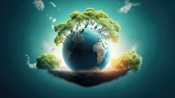 Eco concept with green planet and trees, world ozone day photo