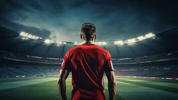 Rear view of soccer player standing against football stadium with lights and flares photo