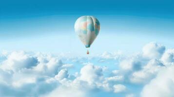 Hot air balloon flying high in the blue sky. photo