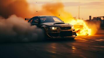 Burning sport car with fire flames on the background photo