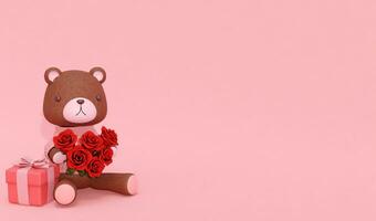 3D rendering pink background with cute little bear, suitable for Valentine's Day, wedding, birthday, etc. photo
