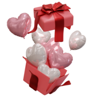 There is an open gift box with love balloons flying out of it on a transparent background, 3D rendering illustration png