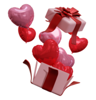 There is an open gift box with love balloons flying out of it on a transparent background, 3D rendering illustration png