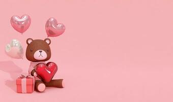 3d representación rosado antecedentes con linda pequeño oso, adecuado para San Valentín día, boda, cumpleaños, etc. foto