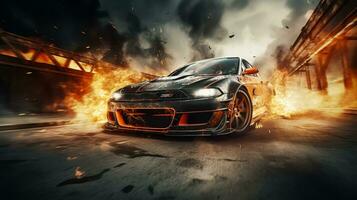 Burning sports car on the road photo