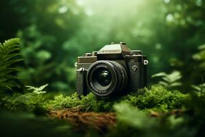 Green camera on grass with nature bokeh background. Nature concept. photo