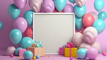 white frame with balloons and gifts in the room, birthday celebration background photo