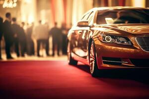 Side view of luxury sport car on red carpet in showroom. photo