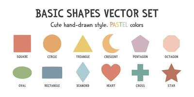 Basic shapes vector set. Colorful shapes vector illustration clipart cartoon style. Pastel colors. Square, circle, triangle, rectangle, crescent, pentagon, octagon, oval, heart, cross, star, diamond