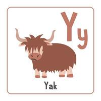 Yak clipart. Yak vector illustration cartoon flat style. Animals start with letter Y. Animal alphabet card. Learning letter Y card. Kids education. Cute brown hairy yak vector design