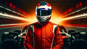 Close up of racing driver against race track with red lights photo