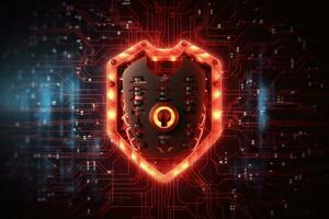 Cyber security concept. Shield padlock with keyhole on circuit board background, neon lights background photo