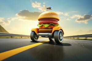 Burger delivery. Fast hamburger car. Cheeseburger as fast food car. Hamburger driving on the road. Fast food concept photo