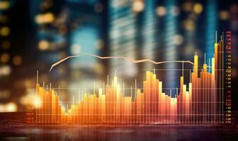 Financial stock market graph and candlestick chart on abstract background. Double exposure photo