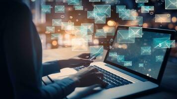 Side view of businessman using laptop with abstract network hologram on blurry night city background. Technology concept. Double exposure photo