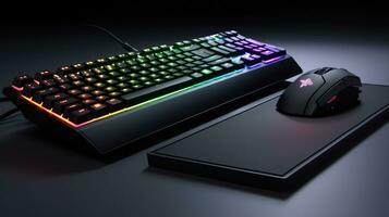 Computer keyboard with neon led lights on a dark background photo