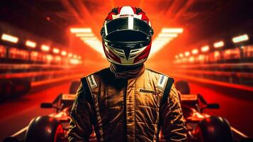 Young man in red racing suit and helmet on the race track. photo