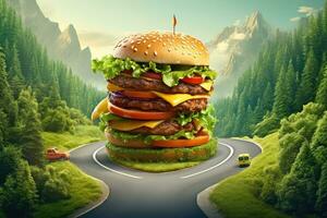 Burger on the highway road sky view background photo