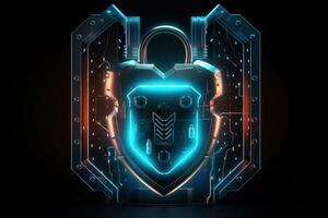 Cyber security concept. Shield padlock with keyhole on circuit board background, neon lights background photo