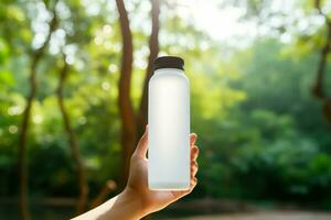 Hands holding a white bottle of whey protein on nature background photo