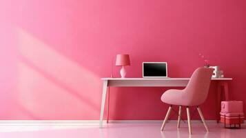 Minimalist office interior design with pink chair and desk photo