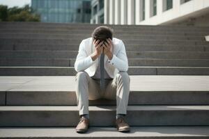 Depressed man sitting on the floor office photo