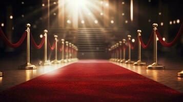 Red carpet and barriers with velvet rope, red curtains in the background and spotlight photo