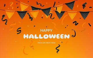 A festive Halloween themed vector banner featuring garland, flags, confetti. The vibrant design captures the essence of the holiday, with a touch of eerie charm. Not AI generated.