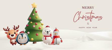 invierno paisaje 3d ilustración con linda Navidad caracteres Papa Noel noel, duende, polar oso, pingüino, y reno. festivo diseño para tarjetas, pancartas no ai generado. vector