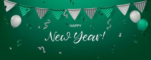 Happy New Year celebration illustration featuring confetti, balloons, green flags, and garland. Suitable for various celebrations such as birthdays, anniversaries, and events. Not AI generated. vector