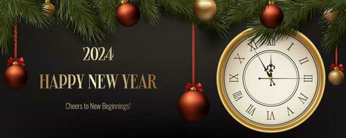 Realistic luxury Happy New Year banner, featuring a clock, balls and pine. Gold and Christmas themed decorations. Suitable for invitations, greetings, and event promotions. Not AI generated. vector