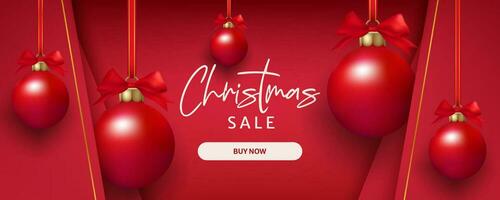 Christmas sale banner, red realistic balls, a festive and decorative paper design. Posters, cards, and invitations, creating a joyful atmosphere for the holiday season. Not AI generated. vector