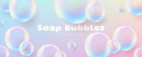 Realistic soap bubbles. Cute banner. Transparent bubbles with a glossy rainbow surface, conveying a clean and airy concept. Not AI generated. vector