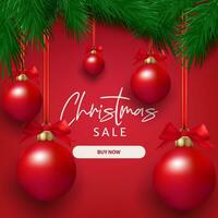 Christmas sale banner realistic pine tree branches and decorative balls. Festive background for winter celebrations, with a mix of red and green elements. Not AI generated. vector