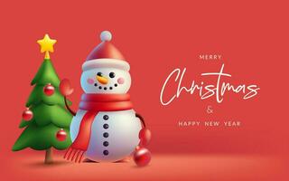 Festive 3D vector illustration of a cute snowman and pine tree for Christmas banner. Holiday design with realistic elements. Not AI generated.