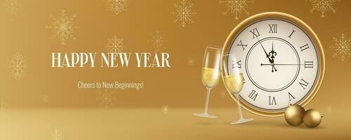 Realistic gold New Year banner, featuring a clock, snowflakes and champagne. Gold and Christmas themed decorations. Suitable for invitations, greetings, and event promotions. Not AI generated. vector